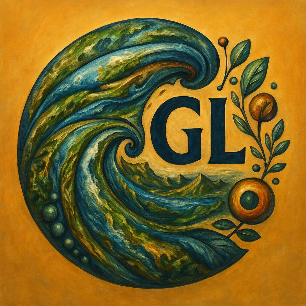 Global Locale Hyper-Realistic Earth Logo Hyper-realistic circular logo featuring swirling land and ocean patterns resembling planet Earth, with bold "GL" lettering and botanical accents on a golden background.